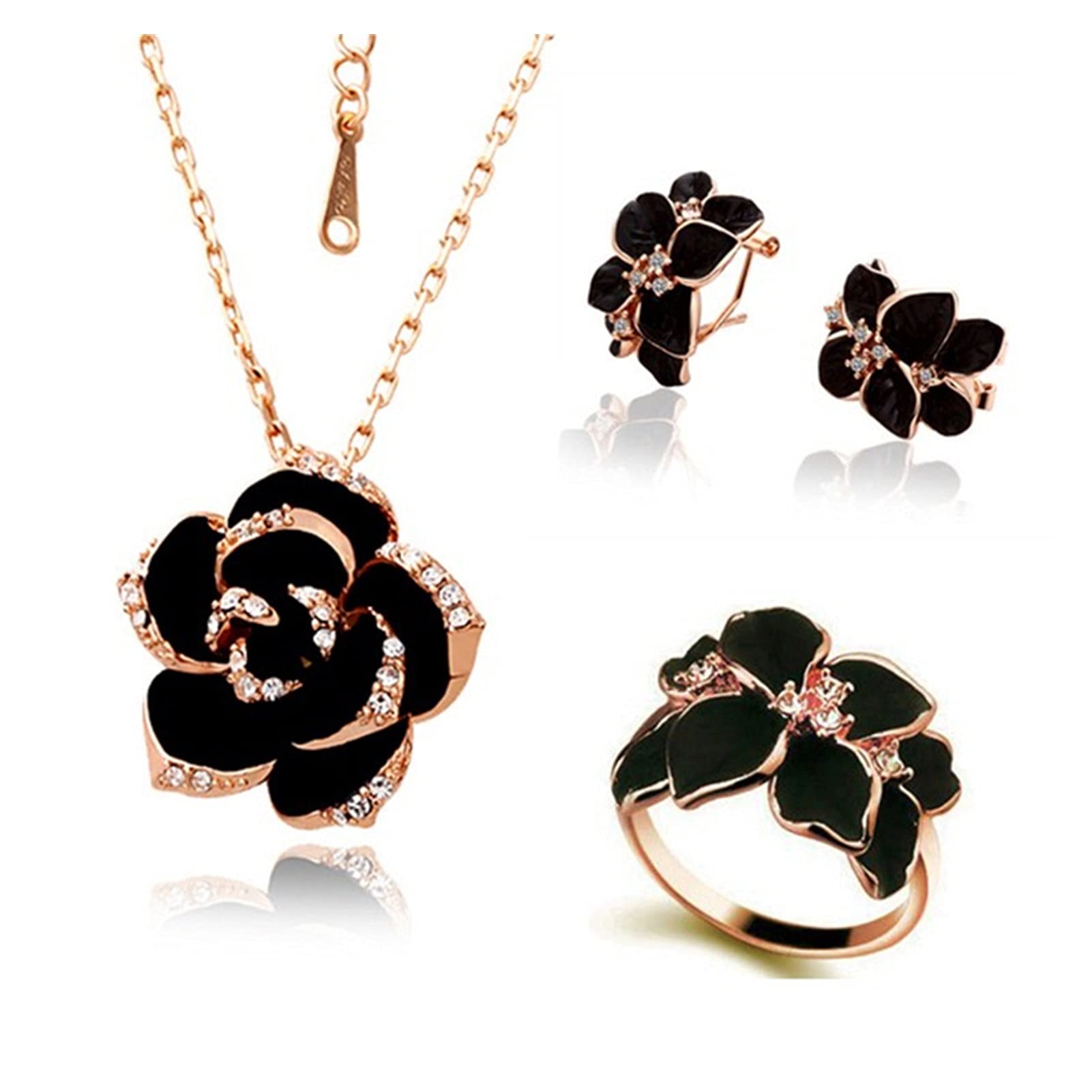 Anhänger Ohrringe Mode Rose Blume Emaille Schmuck Set Rose Gold Farbe Schwarz Malerei Braut Schmuck Sets für Frauen Hochzeit Geschenke