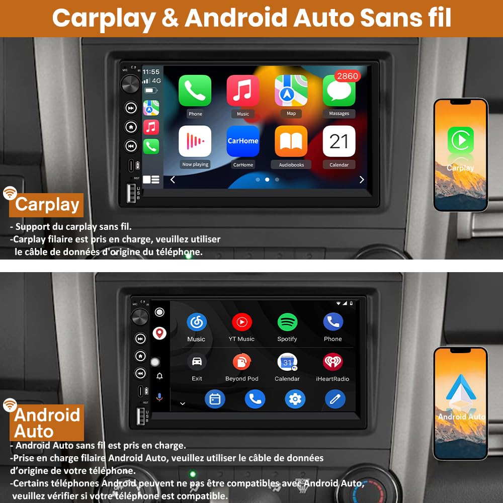 AWESAFE Autoradio 2DIN Bluetooth avec CarPlay & Android Auto, 7 Pouces Écran Tactile HD, Bouton Rotatif, USB/FM/Microphone, Miroir Link, Caméra de Recul Universel Voiture, Commande au Volant