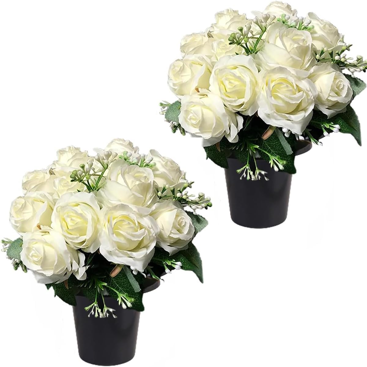 Etomvoop Red With White And Green Accents 2Pcs Grave Flower In Pot 12 Heads Artificial Rose Fake Funeral Floral For Memorial Cemetery Christmas Decorative