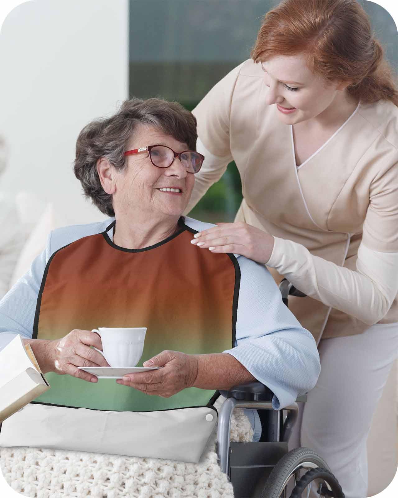 Turquoise Rust Red Adult Bib for Eating with Crumb Catcher,Washable Waterproof Terry Cloth Adjustable Elderly Women Men Adult Bibs Apron Protector Abstract Gradient Modern Geometric Minimalist