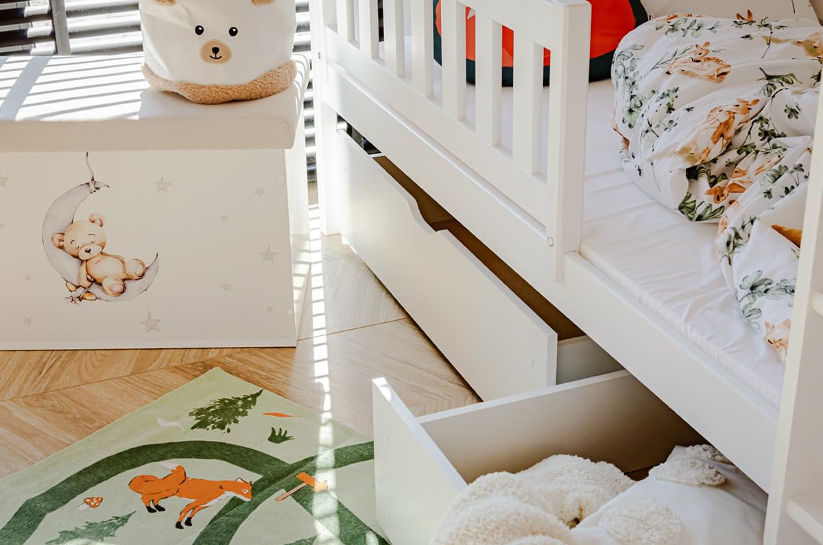 Lit superposé 90x200 avec Deux tiroirs, sommier à Lattes, Protection Contre Les Chutes, Transformable en Deux Lits Simples, en Bois Massif Blanc, lit Fonctionnel