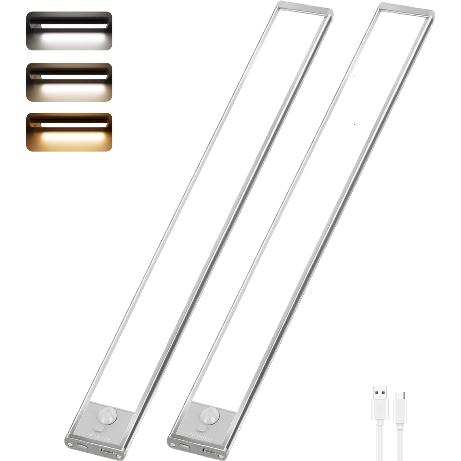 Wudyfei Under Cabinet Kitchen Lights，3 Color Dimmable USB Rechargeable Motion Sensor Lights Indoor 30CM 1800mAh for Shelf Stairs Closet Kitchen （2 Pack）