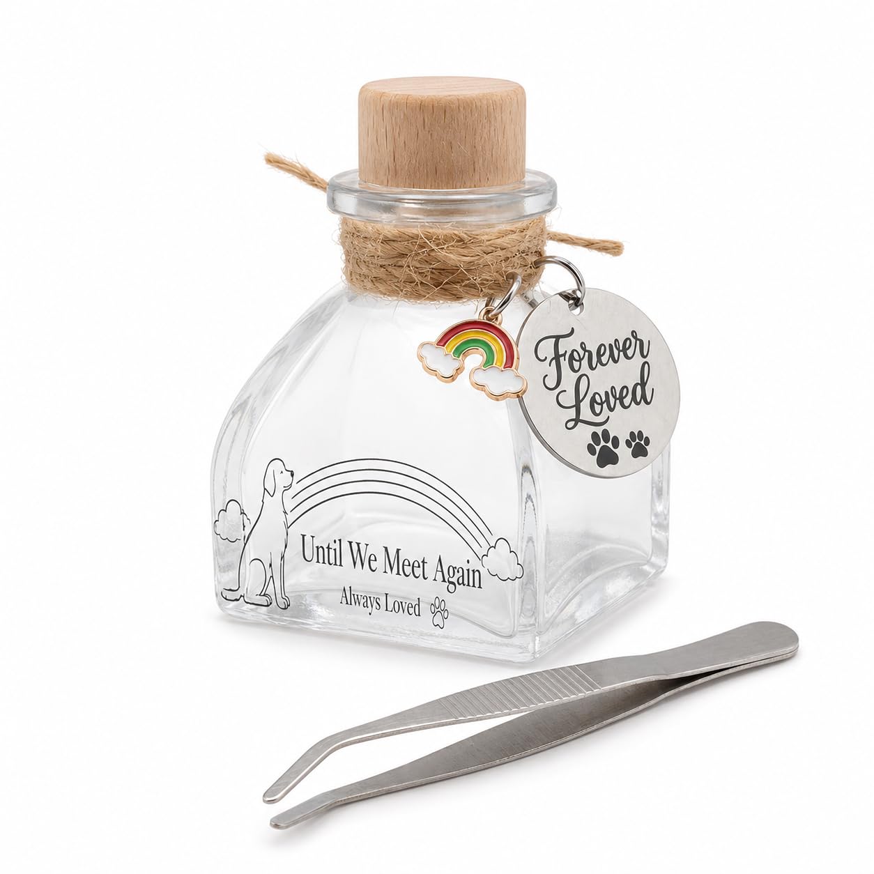 WALLFID Pet Memorial Keepsake Set, Clear Glass Jars for Cat & Dog Fur, Ashes, Whiskers, Baby Teeth, with Wooden Corks, Tweezers & Paw Charm, Bereavement Gift for Pet Loss，Dog Style