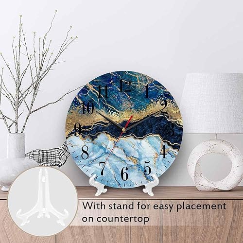 Miniatura 3 de Mxocom Reloj de pared de mármol azul moderno abstracto con lámina dorada de 10 pulgadas, silencioso, sin tictac, funciona con pilas, reloj redondo