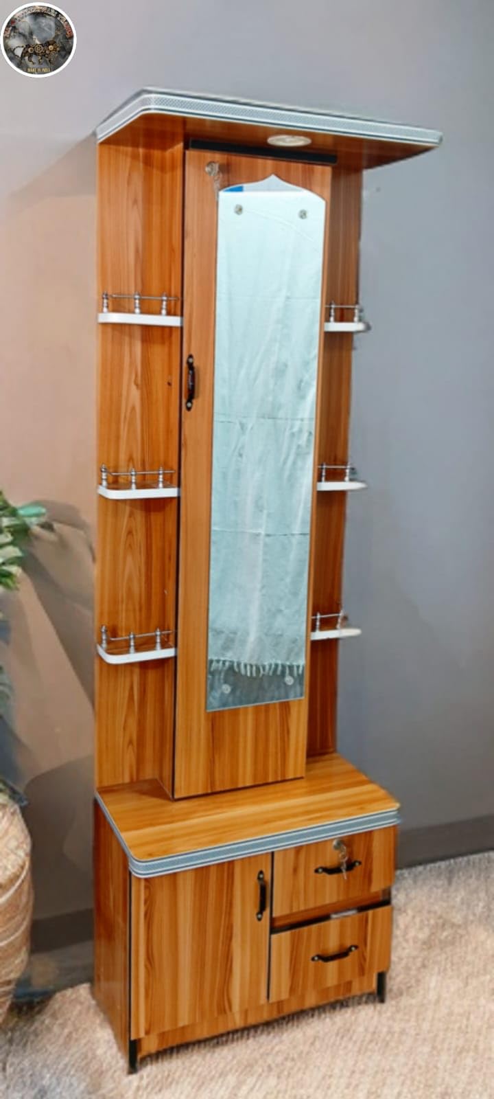 Modern Dressing Table with Mirror, 3-Tier Storage Shelves, Wooden Finish, Brown-image-40