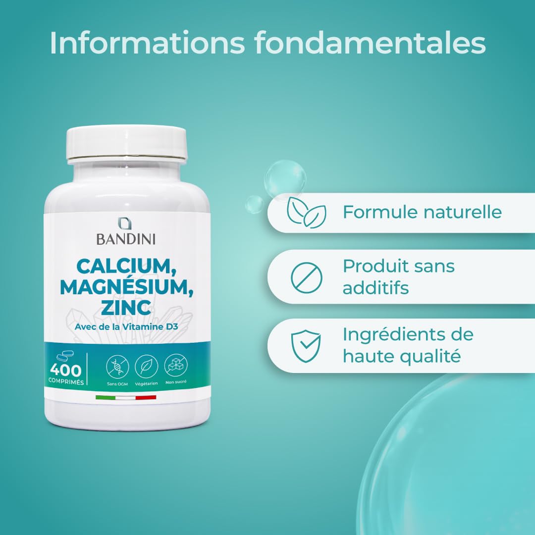 Bandini® Calcium Magnésium Zinc Vitamine D3 + K2 MK7 | 400 comprimés | Avec Cuivre, Sélénium, Manganèse & Bore | Complexe Multivitamines et Minéraux hautement assimilables | Os, muscles, peau, cheveux