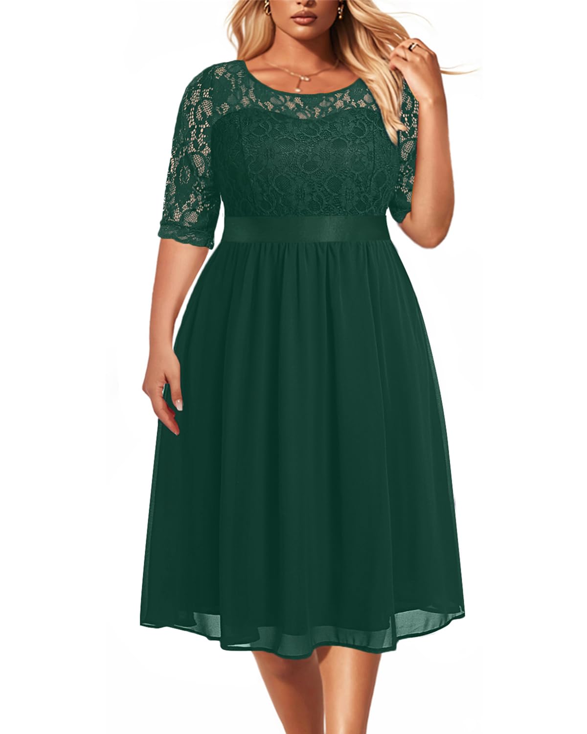 Pinup Fashion Plus Size Lace Chiffon Wedding Guest Dresses Women Cocktail Party Midi Dress