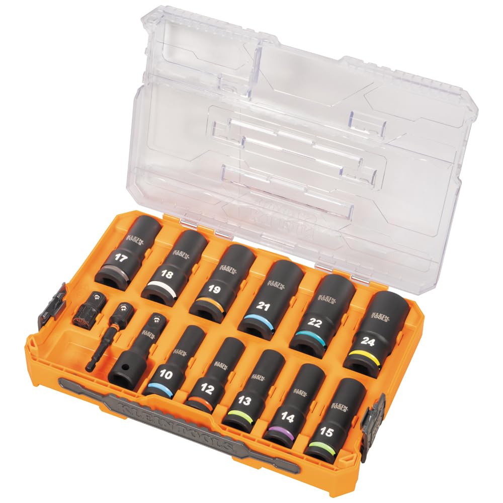 Klein Tools 65111IMPCTM KNECT Set di bussole a percussione per pozzi profondi, attacco da 1/2", metriche, codificate a colori, custodia MODbox, adattatore e prolunga per impatto, 14 pezzi