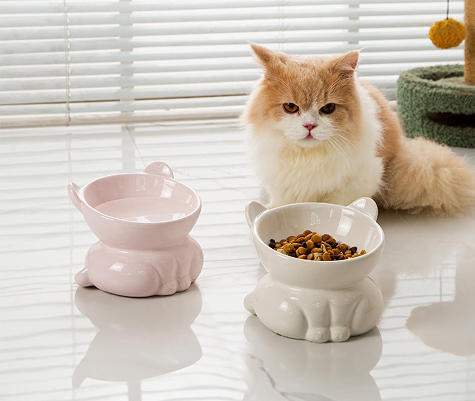 Gezipvn 2 Pcs Elevated Cat Food Bowl, Ceramic Raised Cat Bowls, Anti Vomit Cat Food Bowl, Cat Feeding Bowl Neck Protective Bowl, 14° Tilted Raised Cat Feeder （Pink and white）