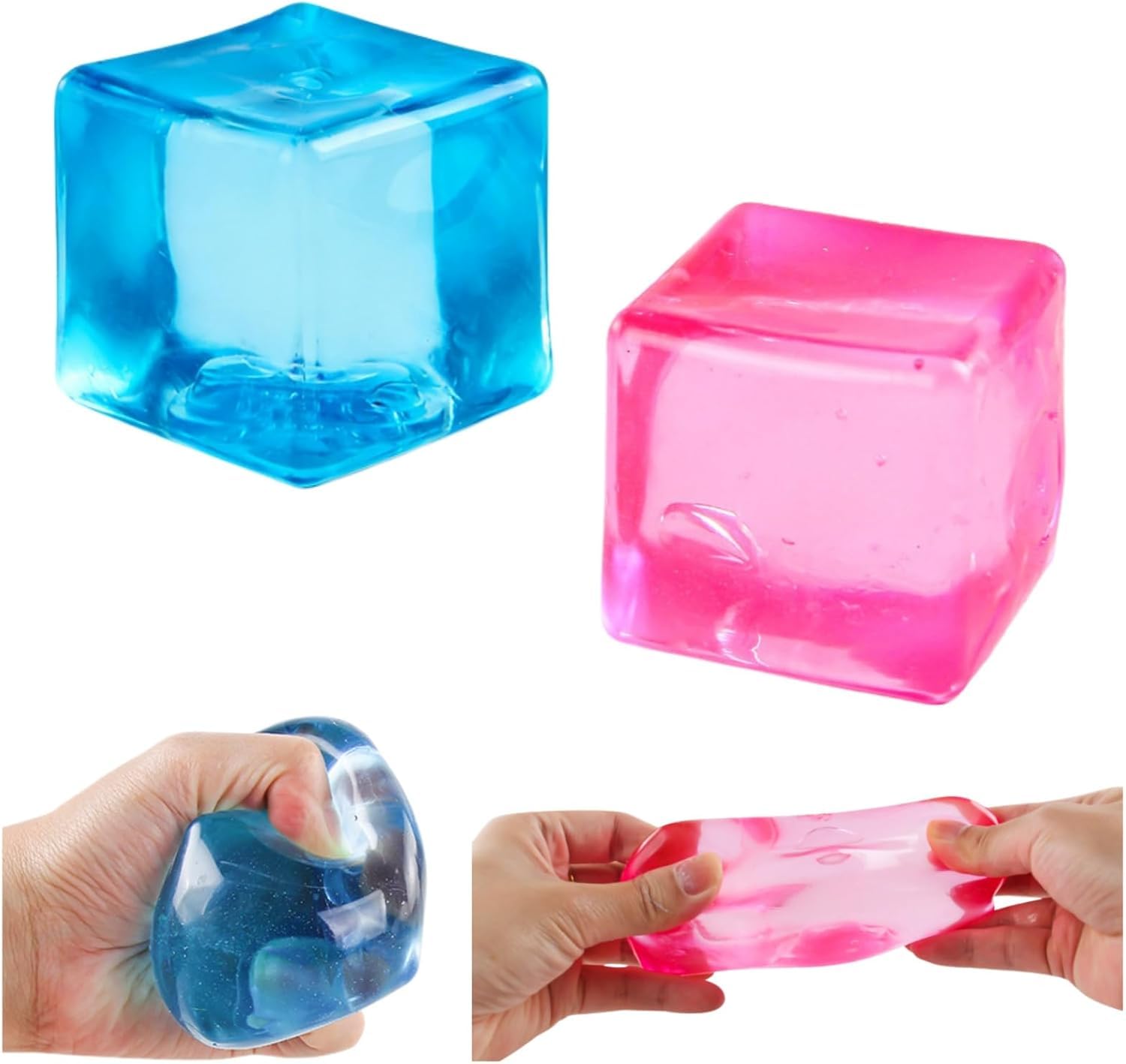 Winnsell 2Pcs Ice Cube Stress Balls, Pink Blue Squishy Fidget Cube Toys Soft Sensory Squeeze Toys Stress Anxiety Relief Fidget Toys for Home Office (FF)