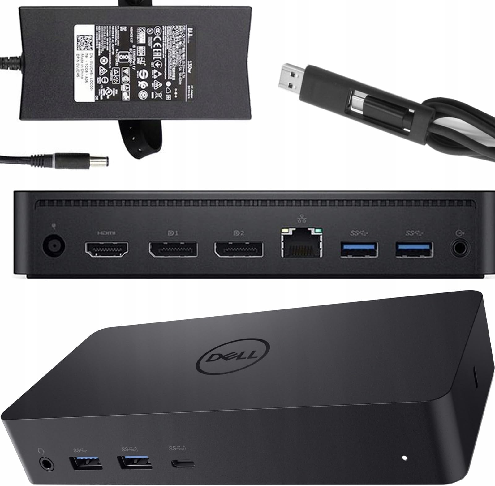 D6000 USB-C Triple Docking Station, Up to Three 4K Displays Via USB-C, UHD 5K, USB 3.0, Gigabit Ethernet, 130-Watt AC Adapter, Charge up to 65W Laptop 452-Bcyt 452-Bcyh (Reducer)
