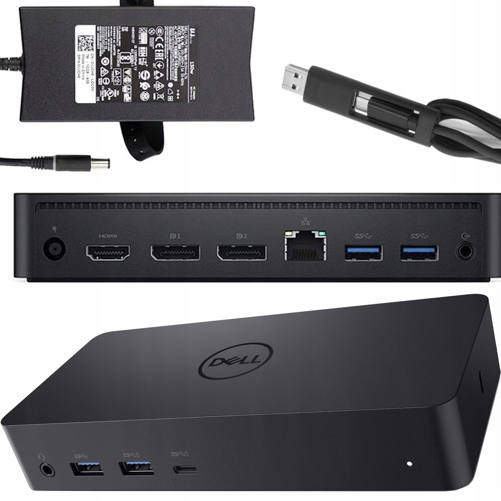Dell D6000 USB-C Triple Docking Station, Up to Three 4K Displays, UHD 5K, USB 3.0, Gigabit Ethernet, 130-Watt AC Adapter, Charges Laptop Up to 65W