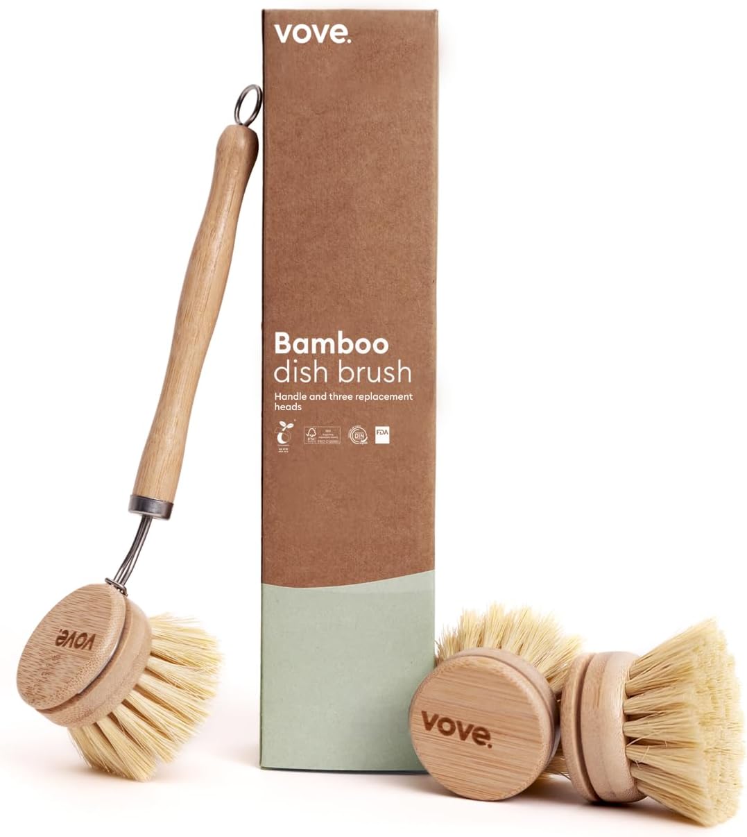 Vove Bamboo Washing Up Brush, FSC-Certified - Includes 3 Replacement Heads - Natural Fibre Bristles - Non-Toxic, Plastic-Free - Kitchen Scrub Brush for Pots, Pans & Dishes
