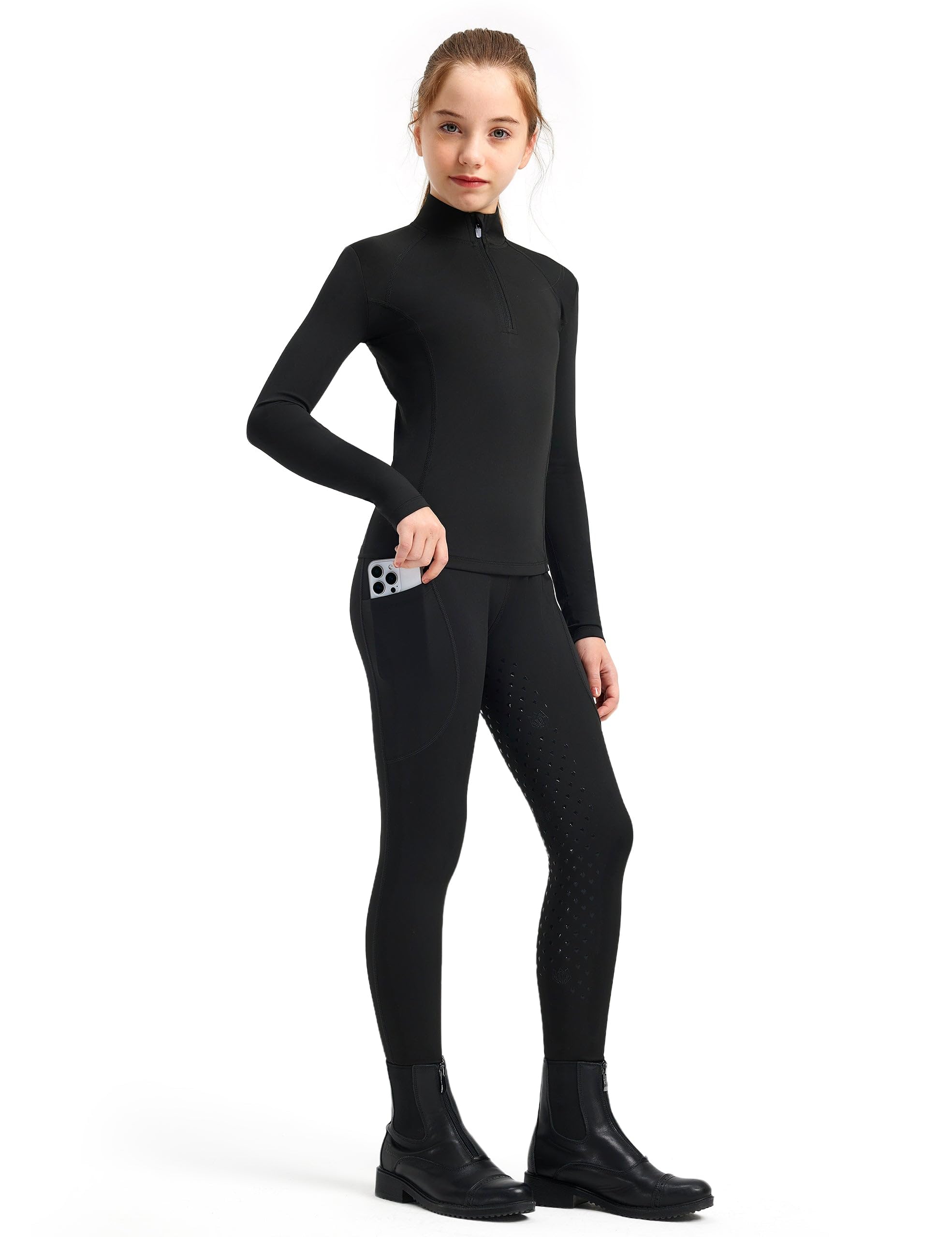 FitsT4 Sports Conjunto de equitación para niñas, conjunto de 2 piezas para equitación, camisa ecuestre para niñas y pantalones de silicona con parche en la rodilla