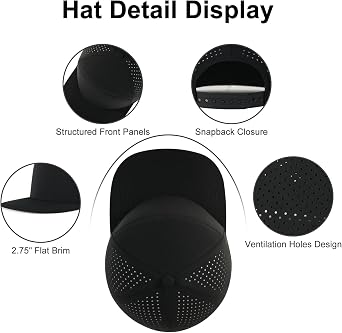 BOTVELA Men Flat Brim Snapback Adjustable Performance Hat Laser Perforated Baseball Cap