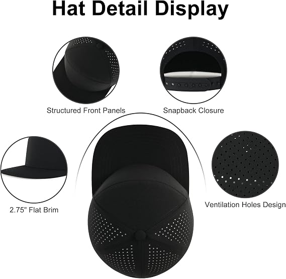 BOTVELA Men Flat Brim Snapback Adjustable Performance Hat Laser Perforated Baseball Cap