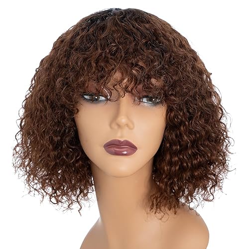 Miniatura 19 de Rebecca Fashion Peluca de cabello humano rizado con flequillo de 10 pulgadas, peluca de cabello humano corto rizado con ondas de agua, pelucas
