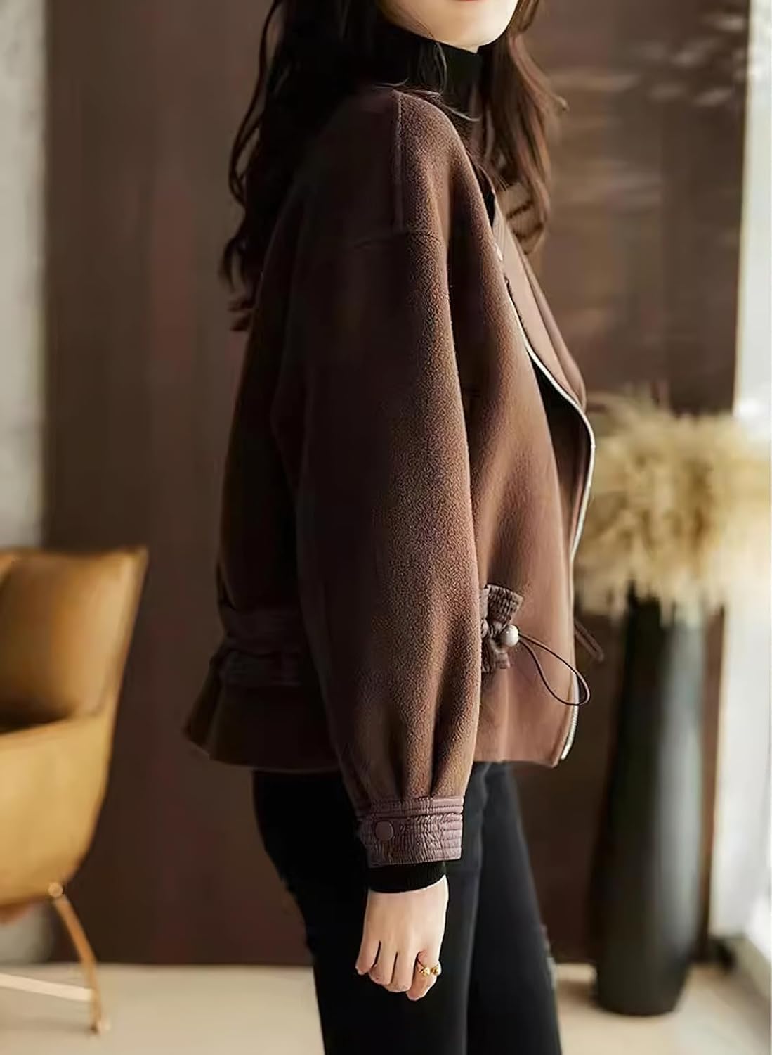 Giacca da Donna in Tweed con Risvolto con Coulisse in Vita alla Moda Giacca Cardigan con Cerniera Casual Elegante Giacca Corta Senza Colletto da Ufficio