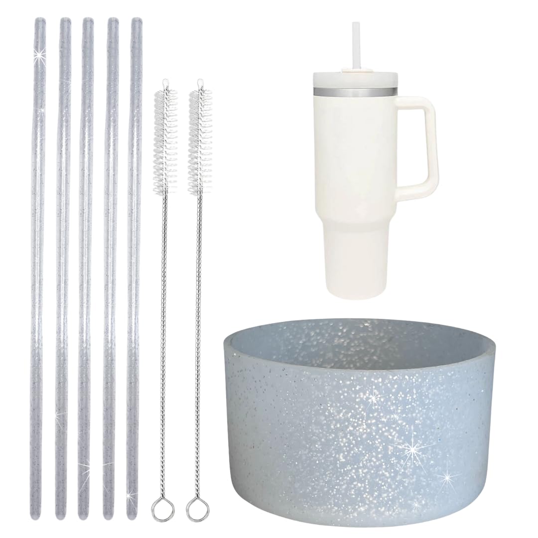 Silver Glitter Silicone Boot For Stanley Tumbler + 5 Reusable Glitter Straws + 2 Straw Cleaners Also fits Simply Modern, Odwalla and more