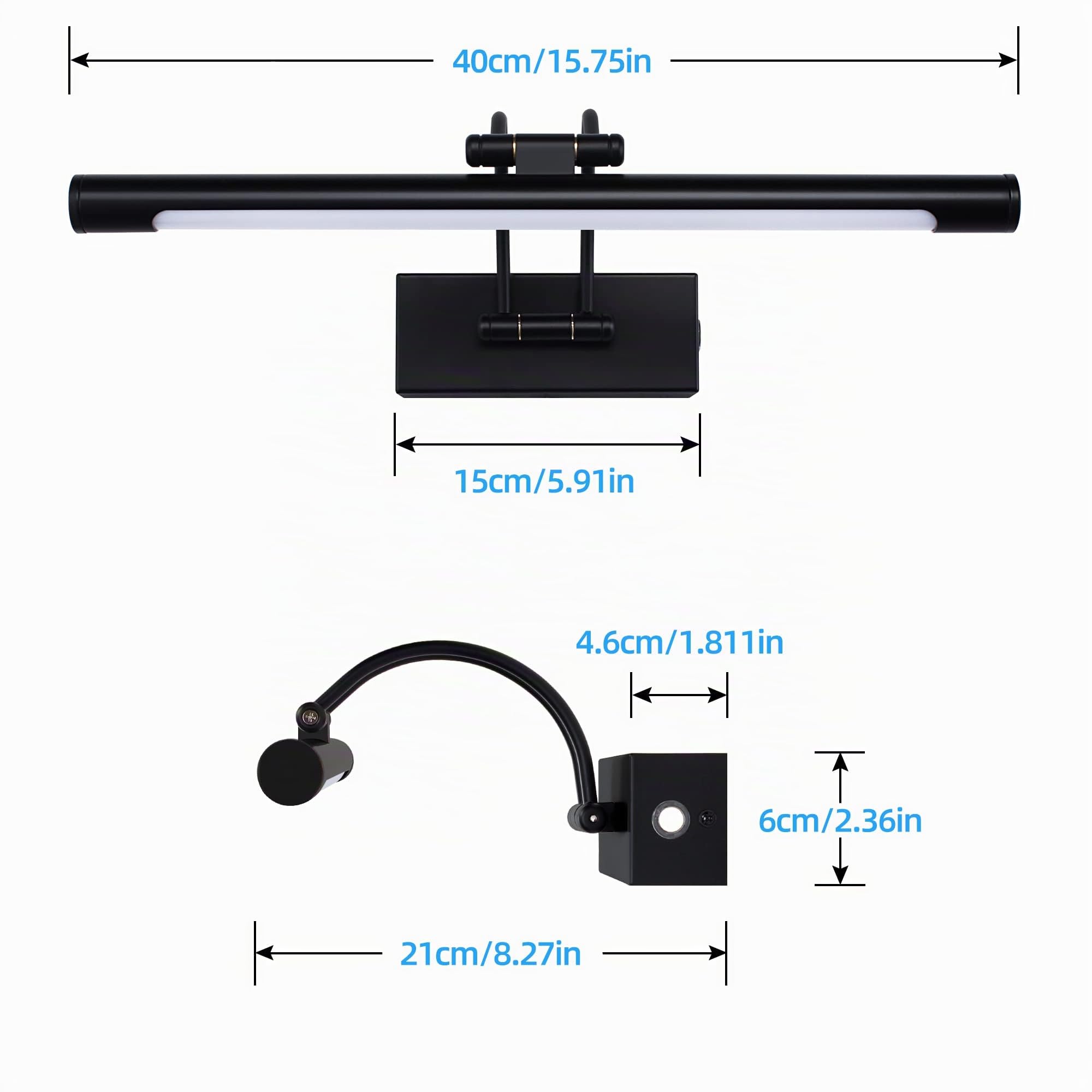 MantoLite LED Regulable Lámparas de Pared 10W,40CM Interior Iluminación para cuadros y expositores Cabeza Giratoria Lectura Lámpara,Negro Baño Espejo Apliques de Pared 3000K/4000K/6000K