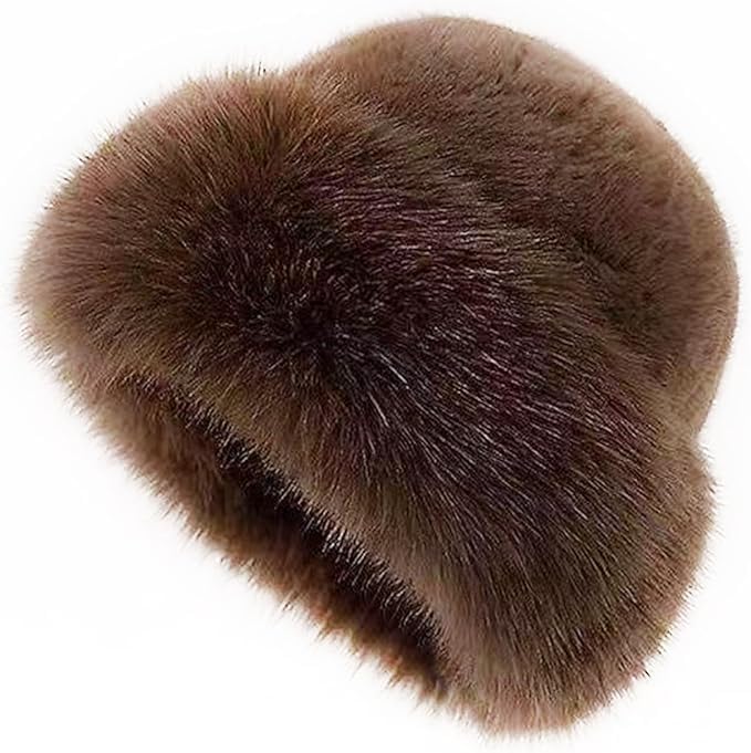 Winter Faux Fur Bucket Hat with Ear Covers, Winter Bucket Hat, Warm Fluffy Plush Fisherman Hat, Furry Hat for Womens (Brown)