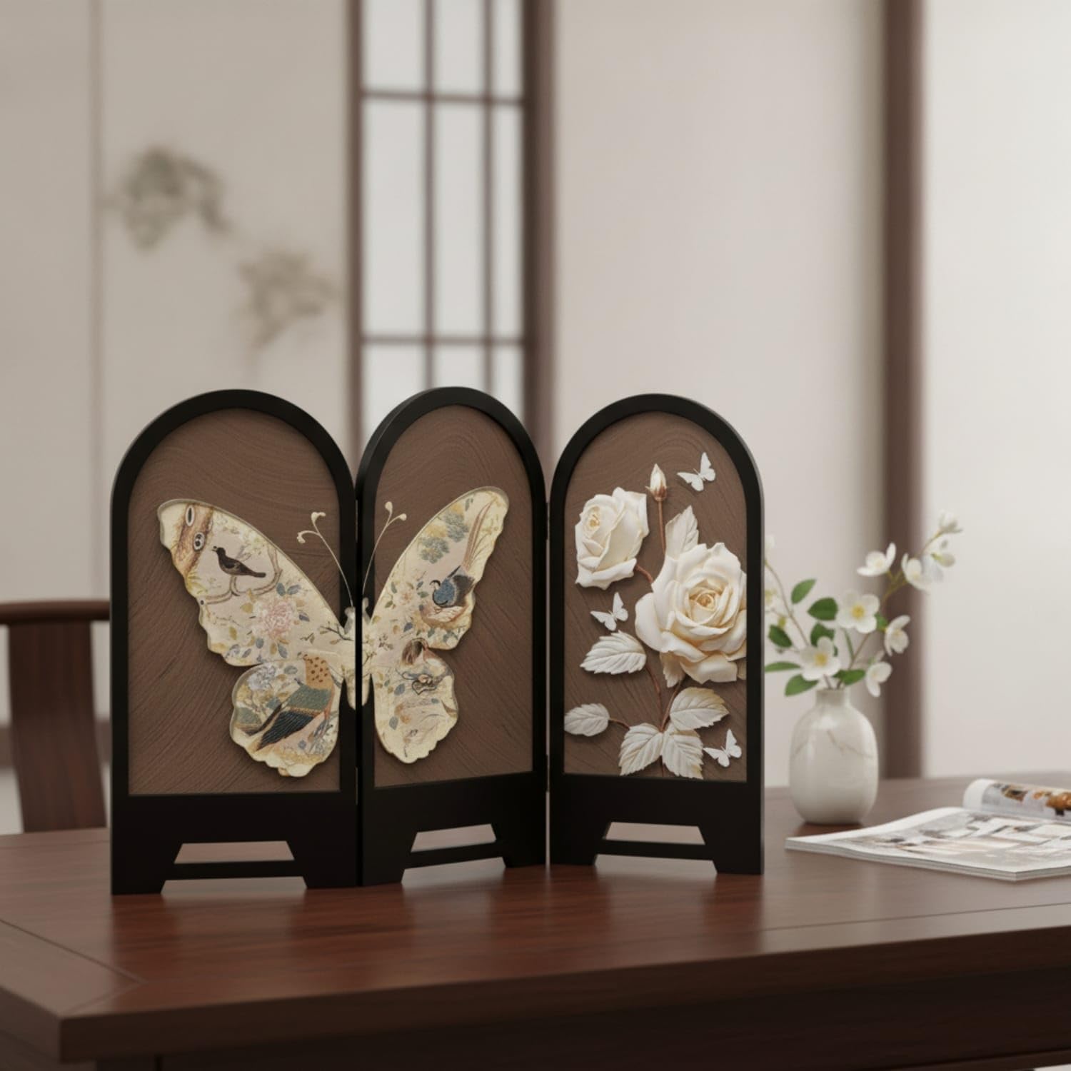 Three-Panel Tabletop Decorative Screen Arched Decorative Screen Freestanding Desktop Display Minimalist for Entryway, Dresser, Living Room, 42x30cm, Butterfly D-image-36