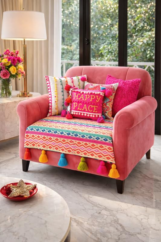 WWW.THROWPILLOW.IN Rainbow Sofa Cover Tassel Sofa Cover for Wooden Single Seater | 1-Piece Sofa Throw for Living Room | Fits Wing Chair, Dining Chair | Decorative Sofa Seat Cover | Stylish Slipcover-image-33