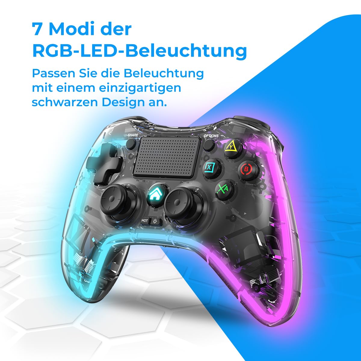 NK Controller für PS4 / PC/Android - Wireless Controller mit 2-Shock, 6 Achsen, 2 MACRO-Tasten, 7 LED-Lichtmodi, Touchpad, Kopfhöreranschluss, Ladekabel inklusive - Transparent Schwarz