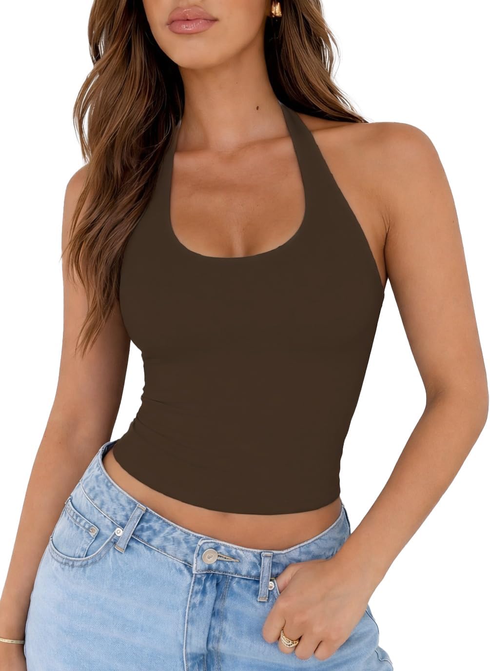 ForeFair Women Sexy Halter Neck Backless Going Out Tops Open Back Sleeveless Slim Fit Y2k Summer Tops