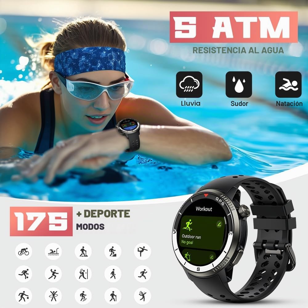 Jugeman Reloj Inteligente Hombre Militar con GPS, 5ATM Smartwatch con Brújula Llamadas Bluetooth Pulsómetro Oxímetro Sueño, 1.43" AMOLED Reloj Deportivo con 170+Modos Deportivos para iOS Android