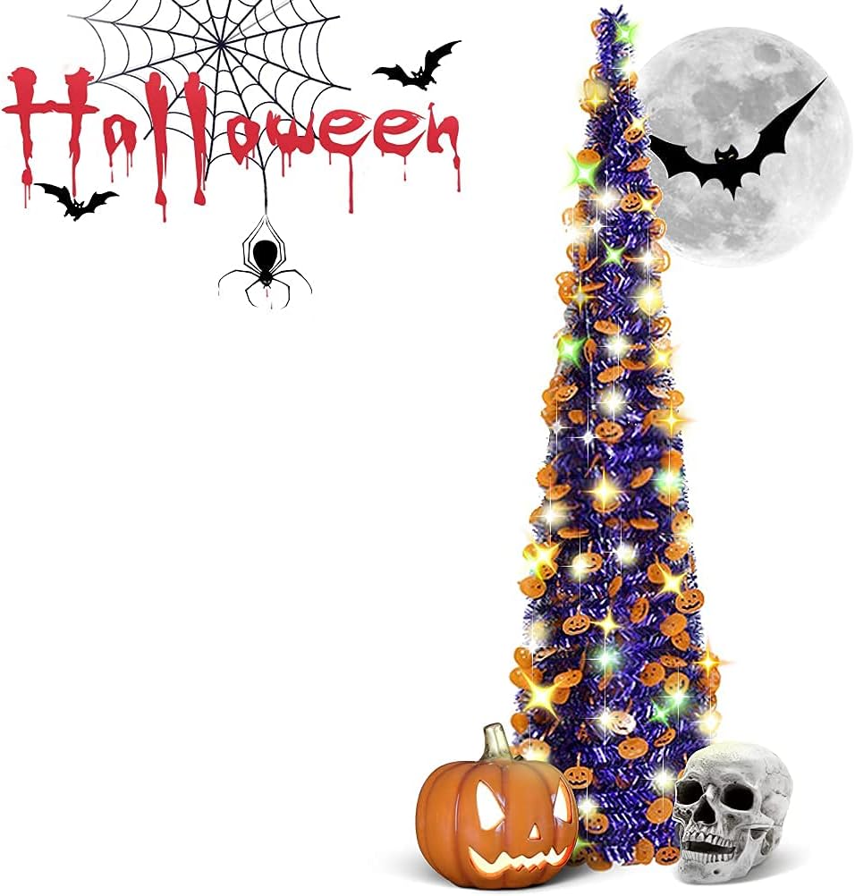 EEX 5ft Black Tinsel Halloween Christmas Tree with Plump Shiny Pumpkin Sequins,Sequin Pensil Tree for Apartment Home Office Store Holiday Decorations with 100 Color Lights,3 Battery Operated 2 Modes