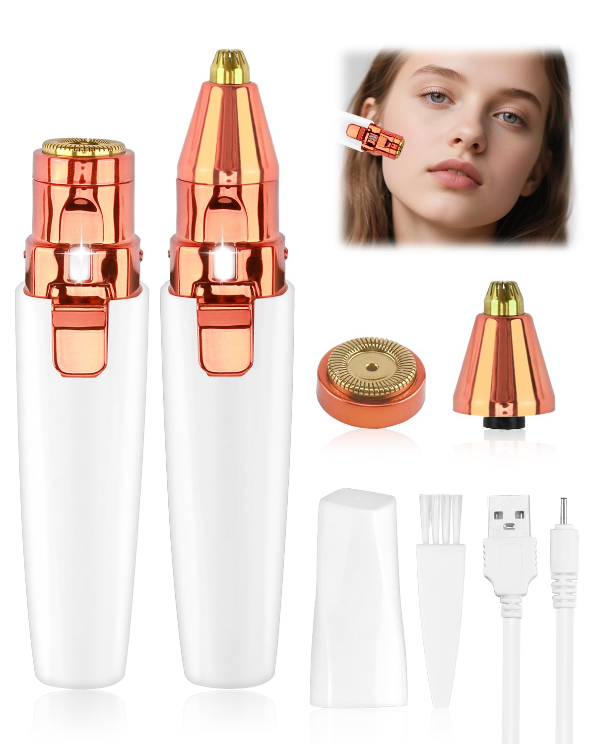 Depiladora Facial Mujer, 2 En 1 Removedor De Vello Facial Y Cejas Para Mujeres Con Luz LED, Recortadora Facial De Cejas Afeitadora Facial Sin Dolor Para Labios Brazos, Portátil Recargable