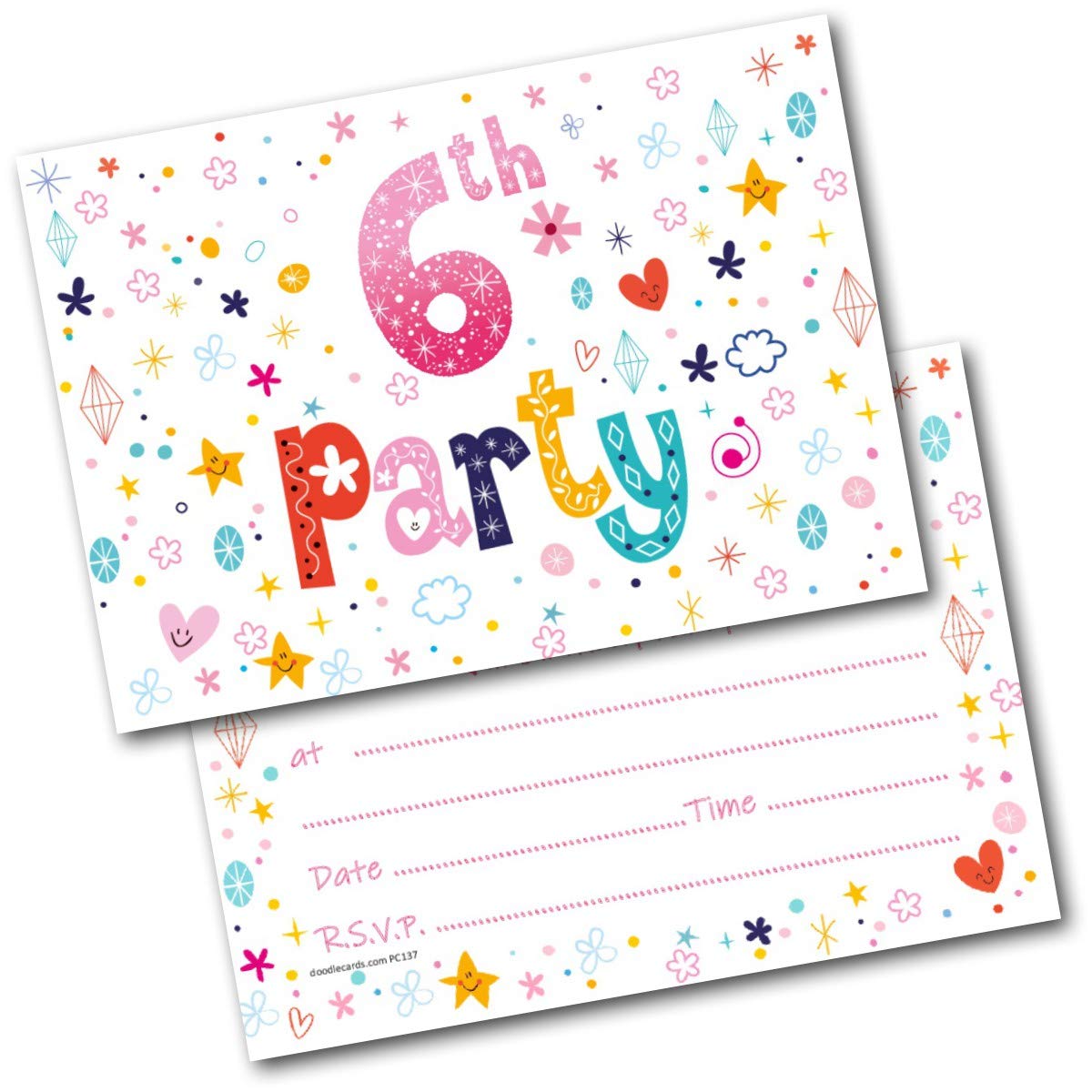 doodlecards 6th Birthday Party Invitations Age 6 Female Girls Childrens Pack of 20 Invites and Envelopes. Printed in UK, Premium Quality & 100% Recyclable.