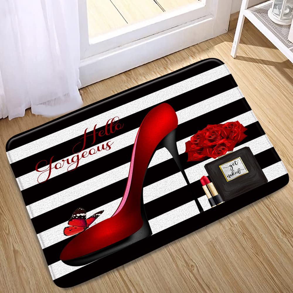 QWRSMYX Black White Stripe Bath Mat Red High Heel Perfume Bottle Lipstick Romantic Love Fashion Bathroom Rugs Microfiber Memory Foam Non Slip Backing