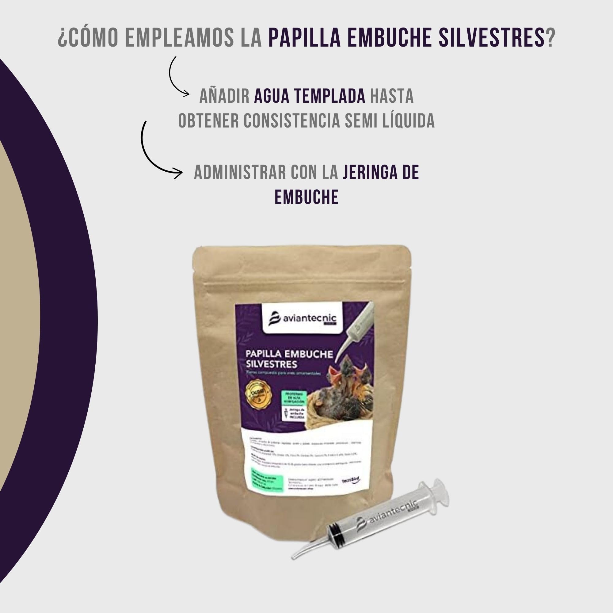 Aviantecnic Papilla Embuche Silvestres | Alimento Complementario para crías de pájaros | 400 g con Jeringa de Embuche Incluida