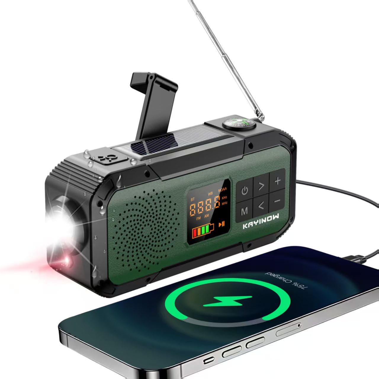 NOAA Weather Radio AM/FM,Portable 7400mWh/2000mAh Rechargeable Battery Operated with USB-C/Hand Crank/Solar Charging,Bluetooth Connectivity,Light,SOS Alarm,Ideal for Camping,Hurricane and Storm