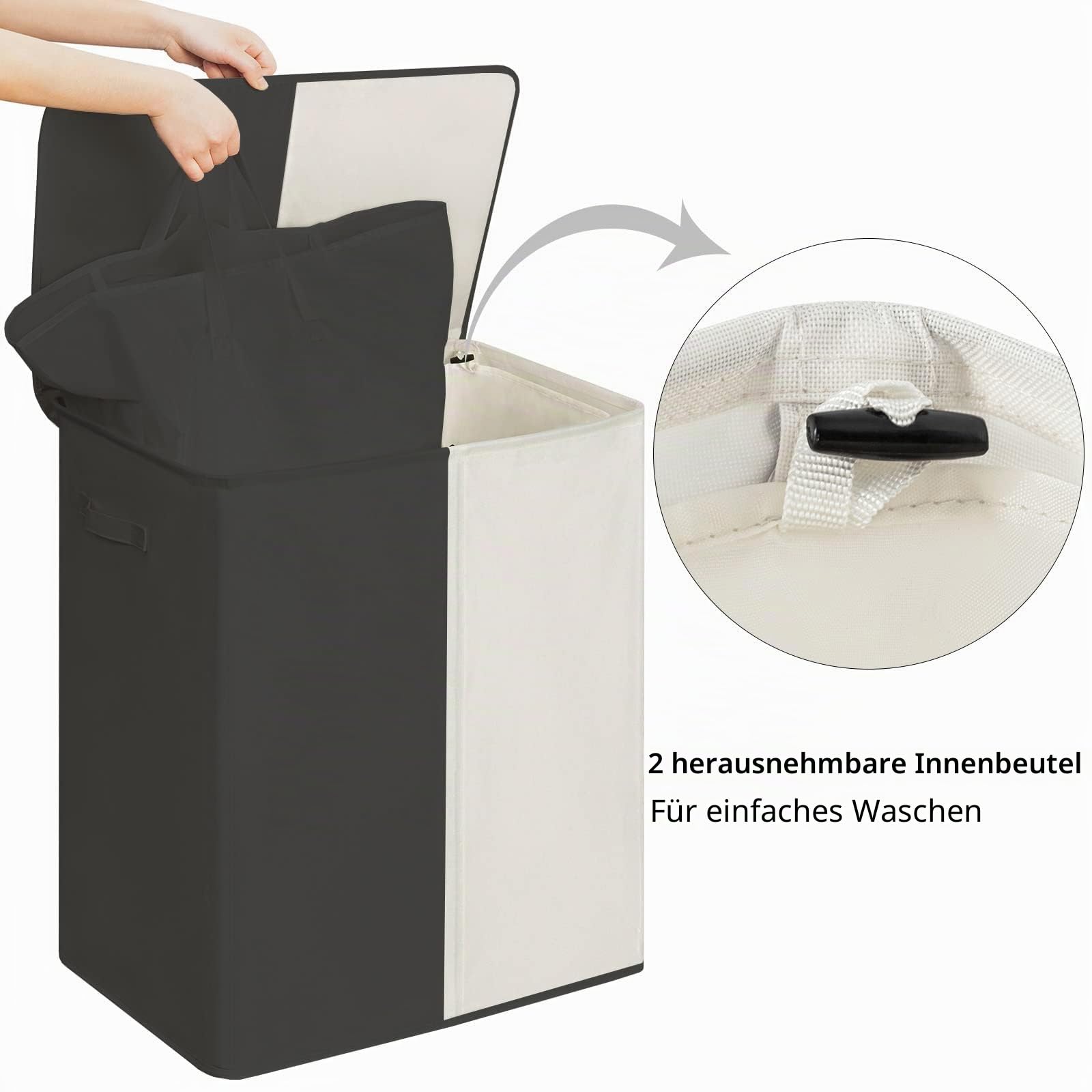 WOWLIVE 154L Doppelter Wäschekorb mit Deckel Großer zusammenklappbarer 2 Teiler Wäschekorb mit Griffen für Schlafzimmer Wäschezimmer Schrank Schwarz+Beige