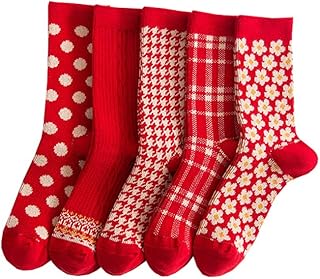 Ainial 靴下 レディース 春 秋 冬 赤い 可愛い 花柄 水玉 チェック柄 綿 ソックス 女性用 クルーソックス コットン 暖かい 防寒対策 保温 快適 おしゃれ 5足セット