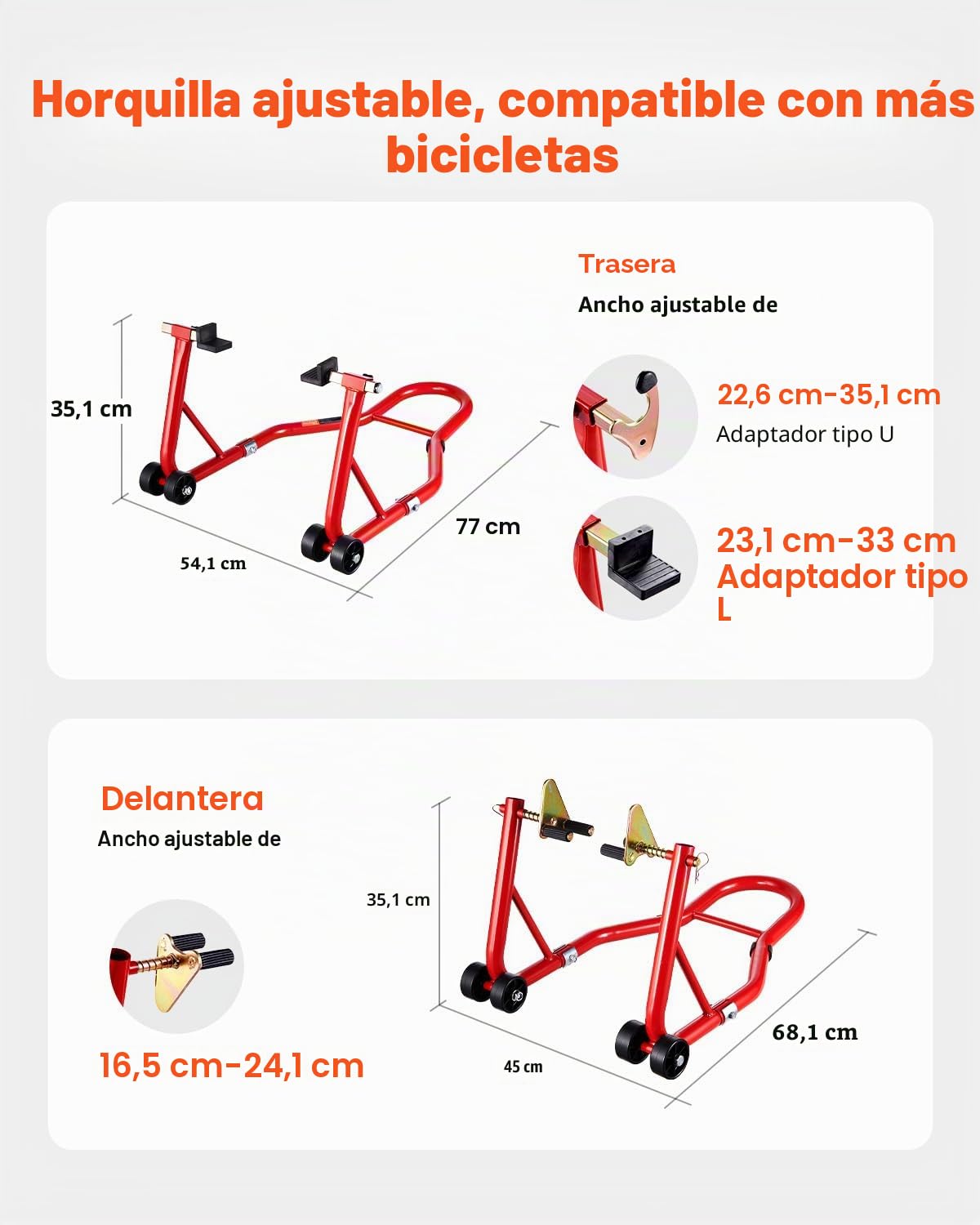 VEVOR Elevador de Caballete para Motocicleta, Capacidad de 390 kg, Combinado Delantero y Trasero, para Rueda Delantera, Compatible con Yamaha, Honda y Suzuki, Rojo, 680 x 450 x 350 mm