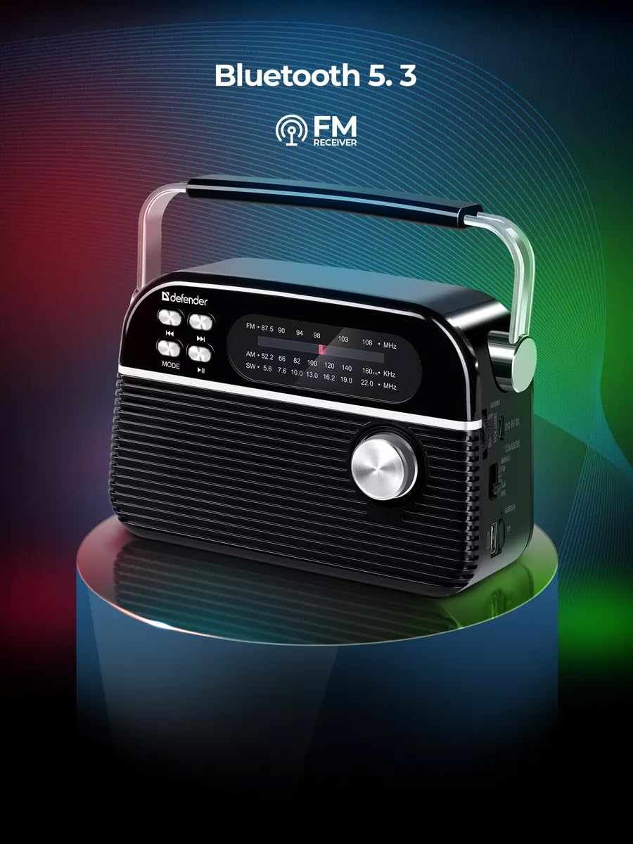 DEFENDER® Vega Tragbares Retro Radio mit Bluetooth, FM/AM/SW Rundfunkempfang, Integrierter Akku, Küchenradio, Teleskop-Antenne, Lautsprecher 5W, USB-C, Schwarz