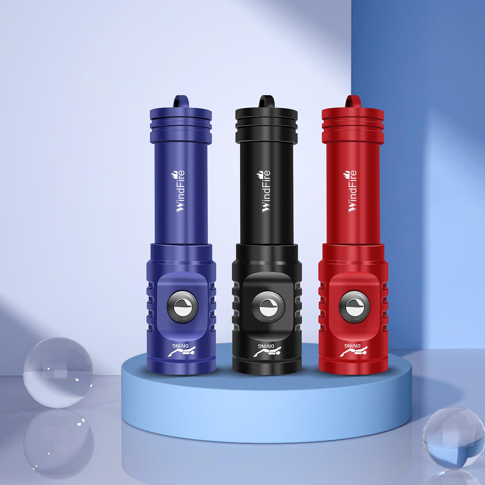 WINDFIRE TS08 Lampe de plongée lumineuse avec indicateur d'alimentation, étanchéité IPX8, faisceau à angle étroit, 3 modes d'éclairage pour plongée sous-marine, spéléologie, exploration sous-marine