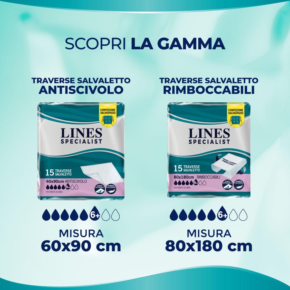 Lines Specialist Traversa 60x90, Traverse Salvaletto per Incontinenza Donna e Uomo, Strato Impermeabile e Antiscivolo, 4 Confezioni da 15 Unità