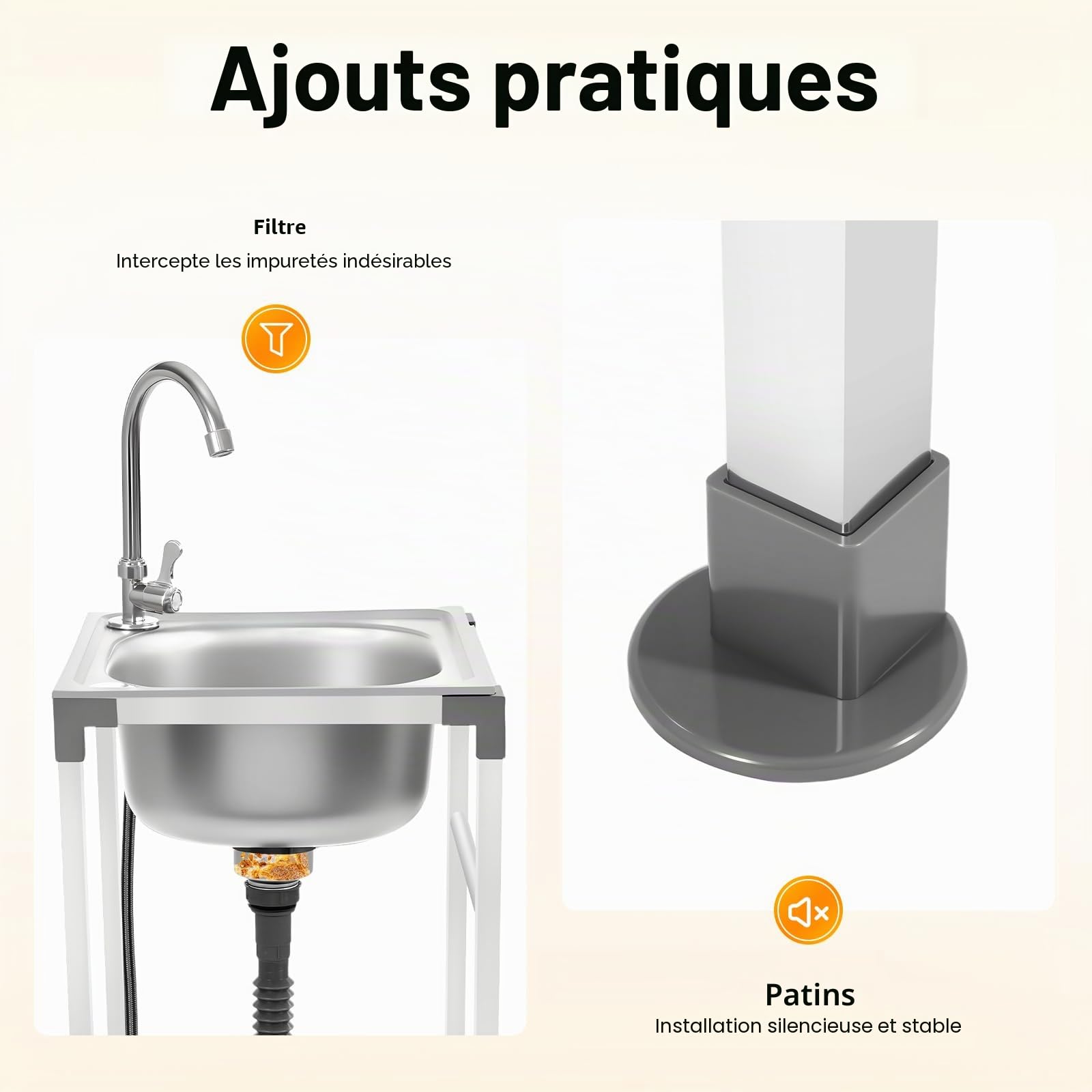 Évier autonome en acier inoxydable, 1 évier de 38 x 33 x 83 cm, avec armoire inférieure, capacité de charge de 60 kg, pour extérieur, évier de camping, évier mobile pour garages et cuisines