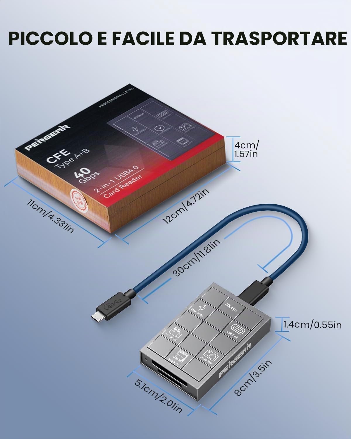 PERGEAR Lettore di schede professionale CFexpress 4.0 tipo A, USB tipo C 40 Gbps tipo C su CFexpress tipo A+B 2 in 1, trasmissione ad alta velocità per Windows/Mac/Linux/Android/iPad