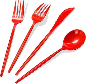 120pcs Red Plastic Silverware Set Sturdy Red Utensils Disposable Plastic Cutlery Heavy Duty includes Forks and Spoons and Knives Sets for Valentines Day Birthday Graduation Chinese New Year
