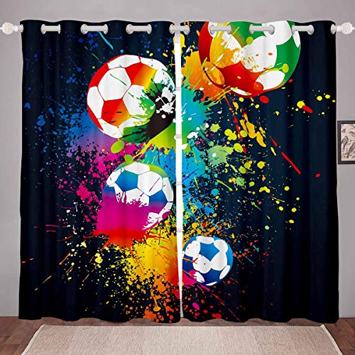 Loussiesd Sport Curtains for Girls Boys Children Kids Football Window Drapes Sports Theme Games Window Curtains for Bedroom Living Room Bright Vibrant Soccer Ball Pattern Window Treatments,W52*L63