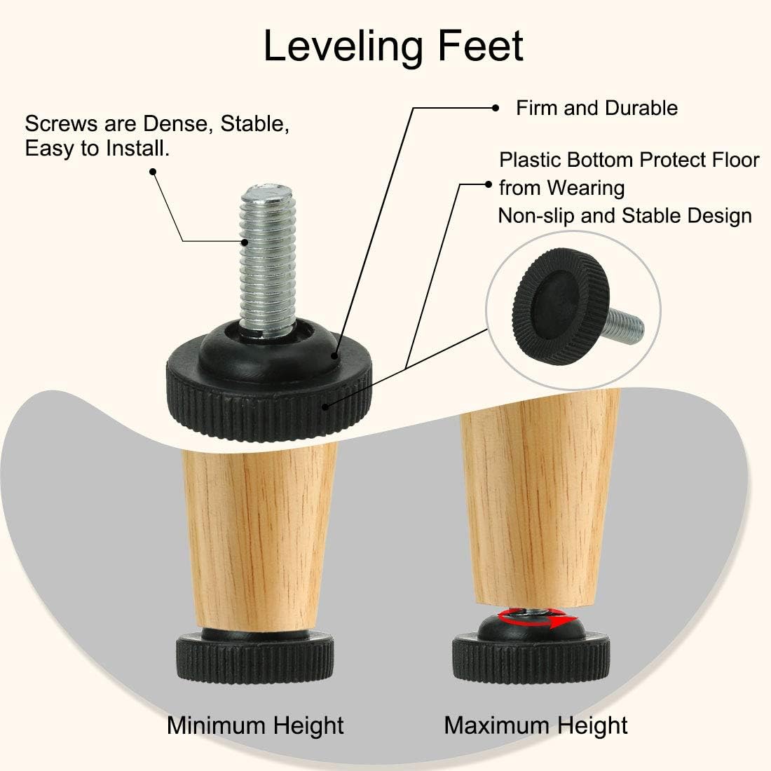 sourcingmap M8 x 20 x 28mm Screw on Furniture Glide Leveling Feet Floor Thread Stem Protector Adjustable Leveler with T-Nuts for Chair Leg Black 4pcs - Image 5