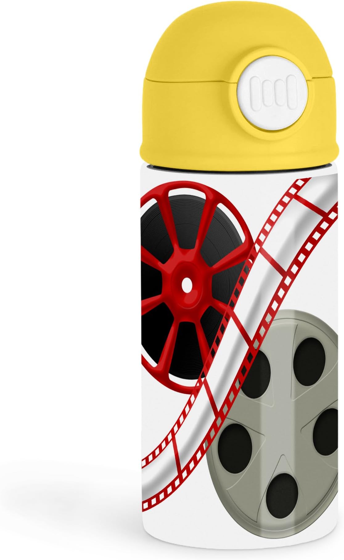 Empowering Movie Buffs 12oz Kids Yellow Bottle – Illustration of movie reels and film tape in red and gray – School Lunch, Movie Night