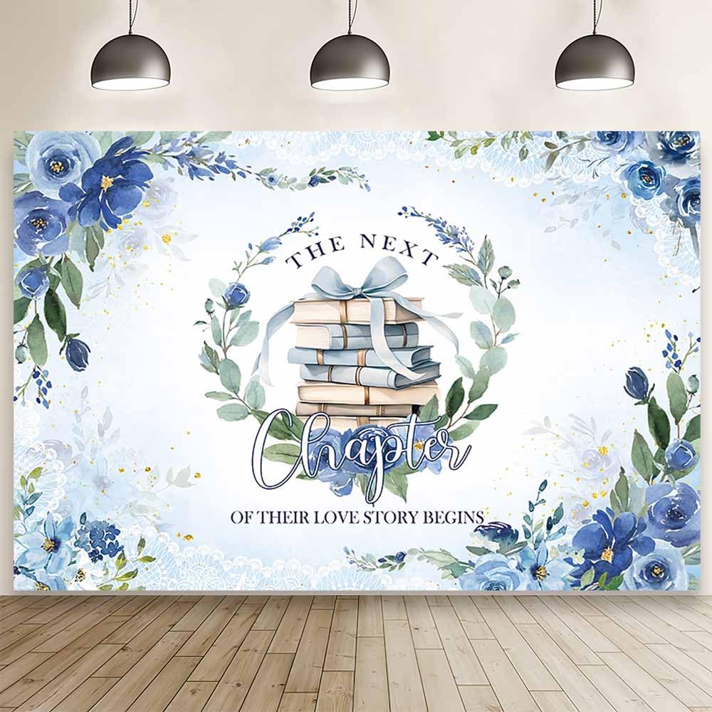 MEHOFOND 7x5ft Blue Floral Wedding Backdrop The Next Chapter of Their Love Story Begins Photography Background Flower Book Bridal Shower Decor Gold