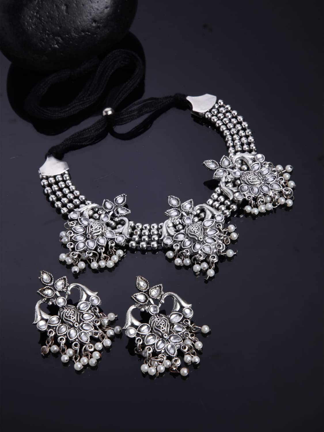 Samyuktha Set di gioielli da donna in argento ossidato tradizionale elegante (13119s), metallo, senza pietre preziose, Metallo, Nessuna pietra preziosa